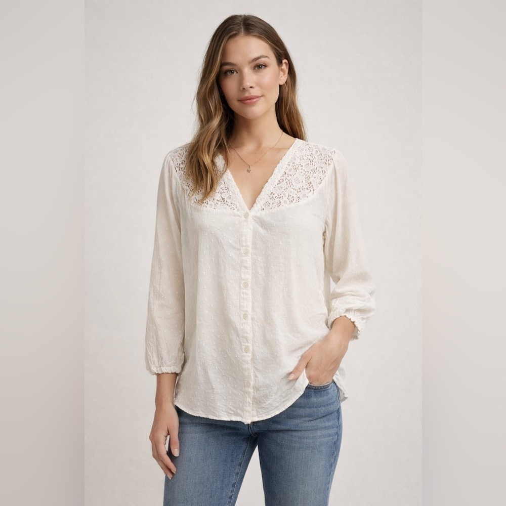 Lucky Brand Vintage Y2K Swiss Dot Crochet Blouse | Sheer Boho Peasant Coastal